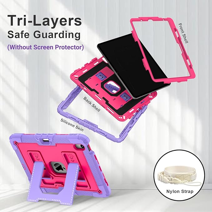 DreamerX for iPad Air 11 Inch Case M3(2025) / M2(2024), iPad Air 5th Generation 2022/Air 4th Gen 2020 10.9 Inch Cute Silicone Drop Protective Cover w/Pencil Holder Stand Carrying Strap for Kids, Rose