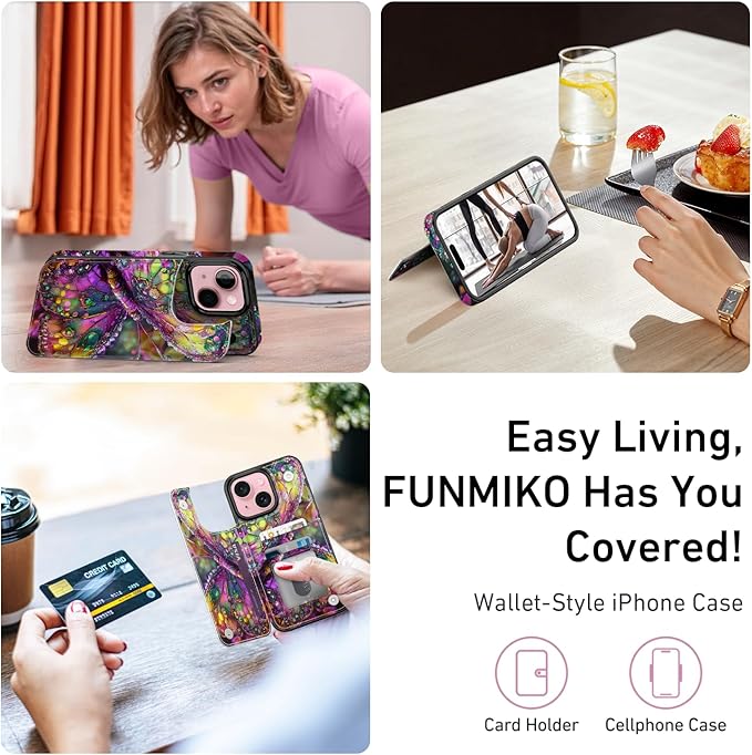FUNMIKO for iPhone 14 Wallet Case with Card Holder, RFID-Blocking, Military-Grade Protection & UV-Printed Artwork, Magnetic Closure with Leather Kickstand - Vibrant Elegant Butterfly