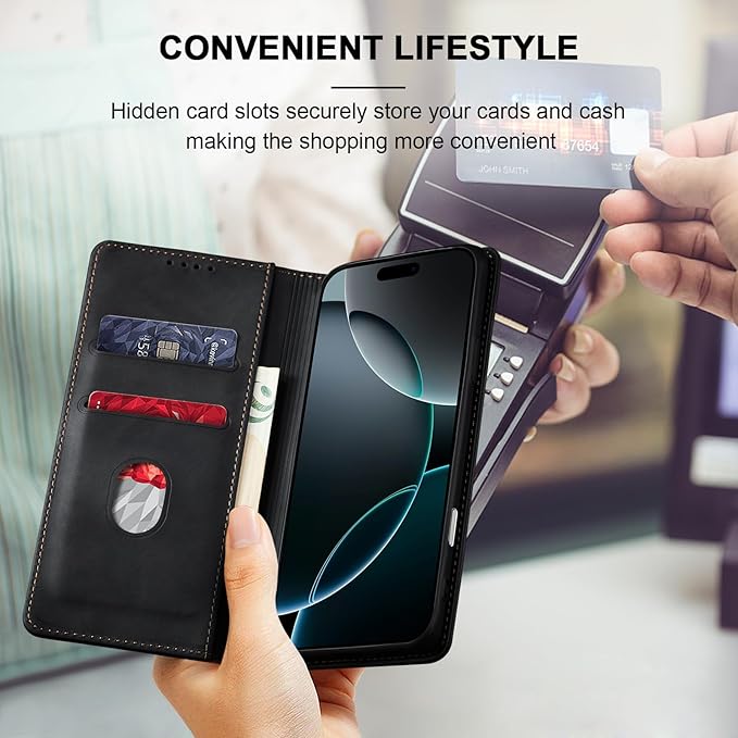 Jasonyu Flip Wallet Case for iPhone 16 Pro,Leather Magnetic Folio Cover with Card Holder,Kickstand - TPU Shockproof Durable Protective Phone Case,Black