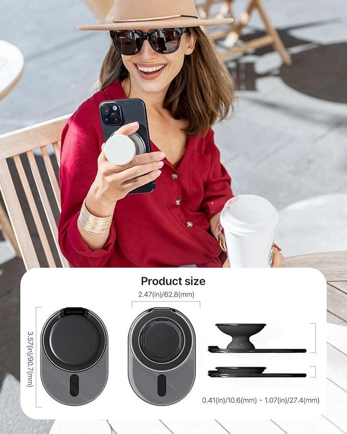 Sinjimoru Phone Grip Stand, Compatible with MagSafe, Adaptor Ring Included, 3000G Kickstand for iPhone 17/16/15/14/13. M-Tap Tok Stand Clear Black