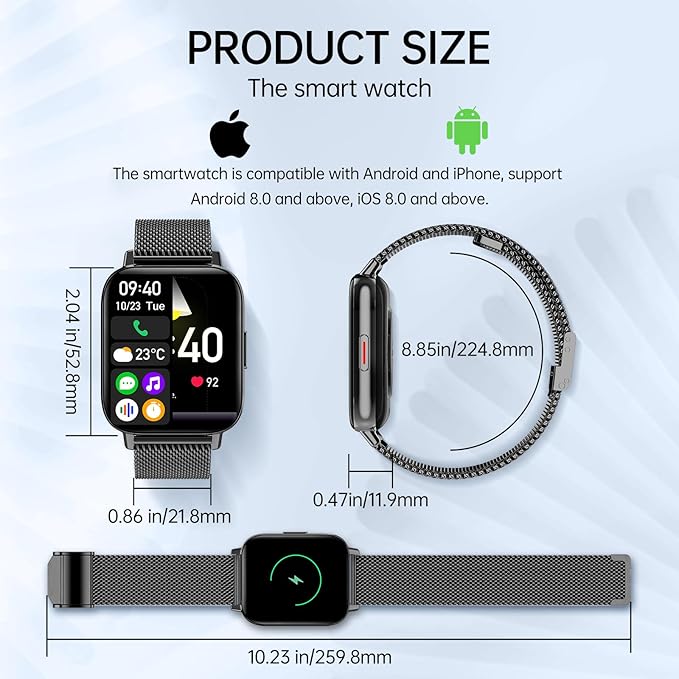 Smart Watch for Men Women (Answer/Make Calls) 1.85" HD Fitness Tracker Smartwatch Compatible Android iOS Phones with Step Counter/Heart Rate/Sleep,120+ Sports Modes IP68 Waterproof, Black 2 Bands