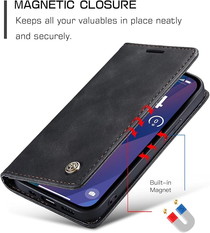 for iPhone 15 Case, Flip Wallet Leather Case with Card Holder Magnetic Closure Shockproof Kickstand Protective Phone Cases Cover for iPhone 15, Black