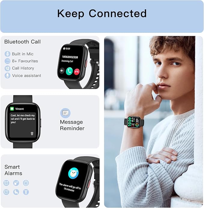 Smart Watches for Men Answer/Make Calls, 1.85'' Fitness Watch with Heart Rate/Sleep Tracker, Activity Tracker, Pedometer, Voice Control, Waterproof Smart Watch for Android iPhone (2 Straps)