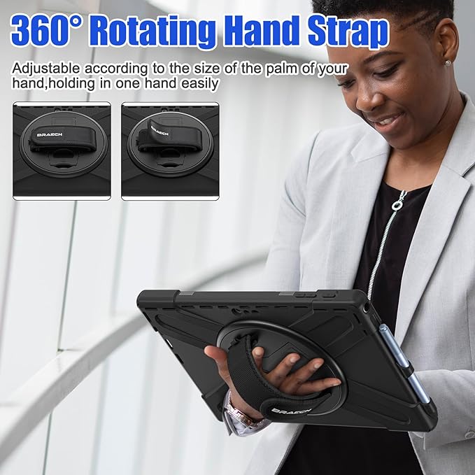 BRAECNstock Silicone Case for Microsoft Surface Pro 7+ Plus/Pro 7/6/5/4 12.3" Rugged Surface Pro 7+/7/6/5/4 Kids Cover with Screen Protector Rotating Hand Strap+Stand Pen Holder Shoulder Strap - Black