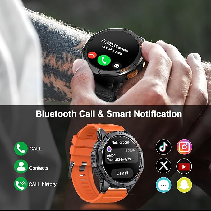 Military Smart Watches Built-in GPS, 170+ Sport Modes for Men with Flashlight, Smartwatch for Android Phones and iPhone, 1.43" AMOLED Screen Bluetooth Call Compass Altimeter (Black & Camo (2 Bands))