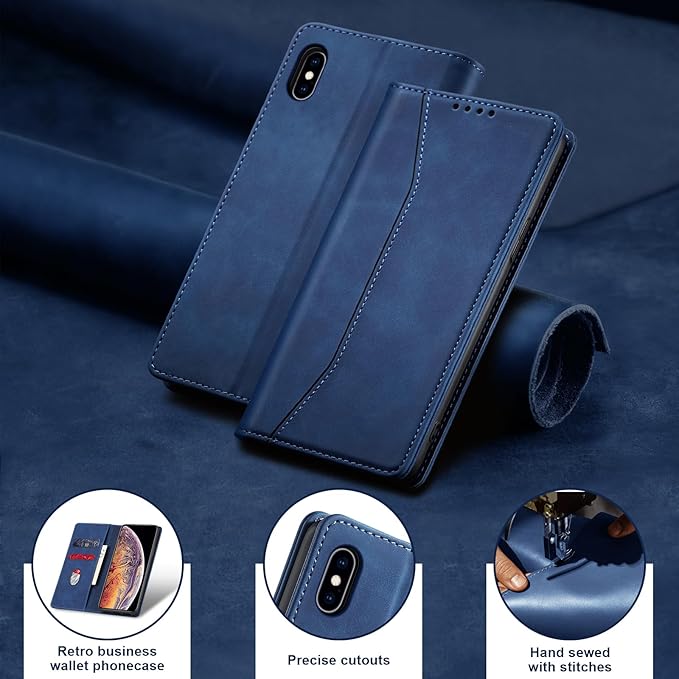 Jasonyu Flip Wallet Case for iPhone Xs Max,Leather Magnetic Folio Cover with Card Holder,Kickstand - TPU Shockproof Durable Protective Phone Case,Blue