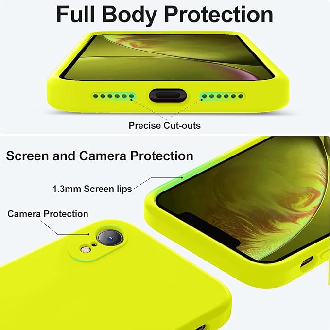 Vooii Compatible with iPhone XR Case, Upgraded Liquid Silicone with [Flat Edges] [Camera Protection] [Soft Anti-Scratch Microfiber Lining] Phone Case for iPhone 10 XR 6.1 inch - Neon Lemon