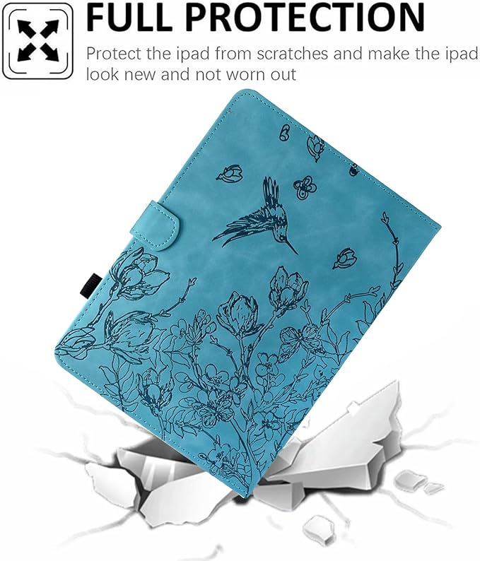 KEROM Case for Samsung Galaxy Tab A9+ Plus 11 Inch 2024 2023 (SM-X210/X216/X218), Embossed Suede Leather Folio Stand Cover with Auto Wake/Sleep & Card Slot & Pen Holder - Blue Bird Flower Embossing