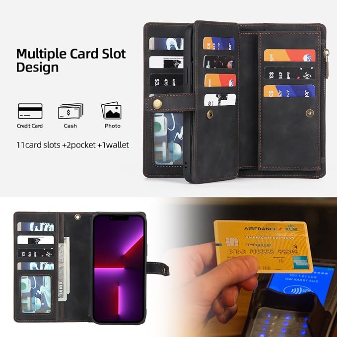 TwoHead for iPhone 13 Pro Wallet Case with Card Holder,Detachable Magnetic 13 Pro Phone Case, PU Leather Shockproof Protective Cover Wallet for Women/Men,with Wrist Strap(Dream Black)