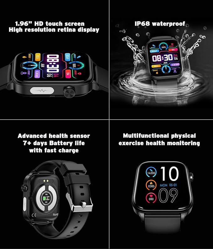 Men's Women's Smart Watch,1.96-inch HD Touchscreen Smartwatch,100+ Sports,Blood Pressure,Heart Rate,Blood Oxygen,Sleep Monitoring,IP68 Waterproof Fitness Tracker,Android iOS iPhone (Black)