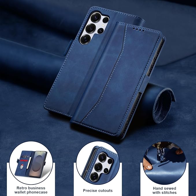 Jasonyu Flip Wallet Case for Samsung Galaxy S25 Ultra 5G,Leather Magnetic Folio Cover with Card Holder,Kickstand - TPU Shockproof Durable Protective Phone Case,Blue