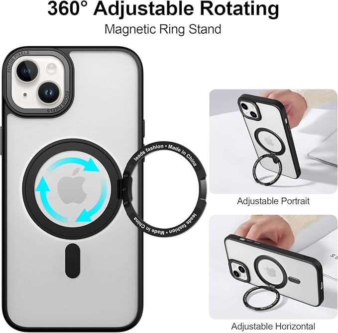ZIYE Magnetic Case for iPhone 14 Plus Case with Stand [Compatible with MagSafe] Slim Shockproof Military Grade Heavy Duty Cover with 360 Rotatable Ring Kickstand for Women Men, Translucent Black