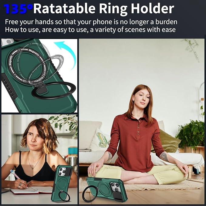 for iPhone 14 Pro Case Magnetic Compatible with MagSafe Wireless Charging,Built-in Kickstand,with Camera Cover,with 2 Screen Protectors,Anti-Scratch Shockproof Heavy Duty Protection Red