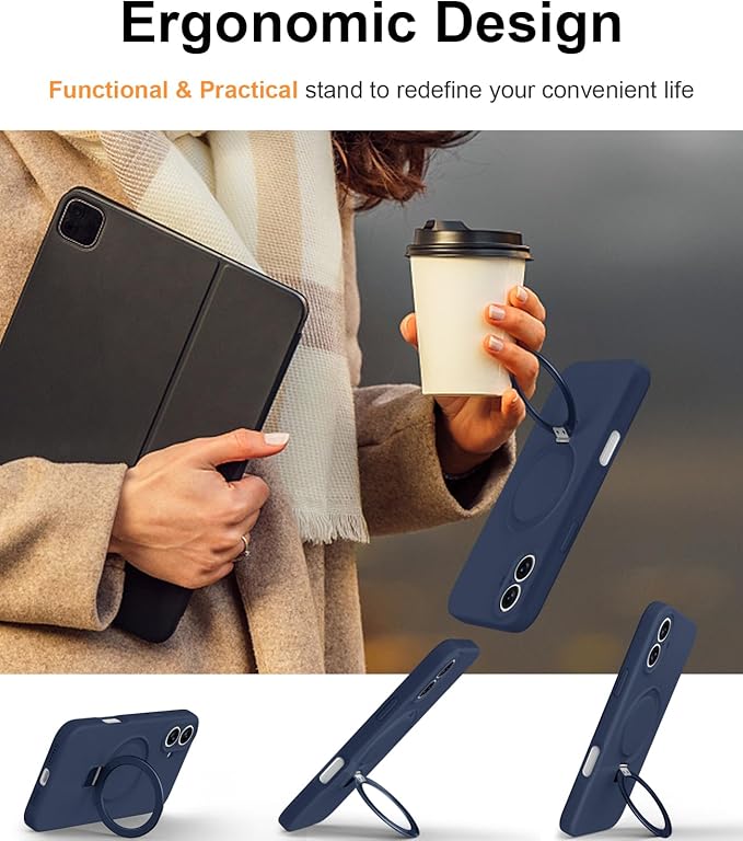 ZHK Liquid Silicone Designed for iPhone 16 Plus Case with Magnet Stand, [Precise Camera Lens Protection][Mil-Grade Drop Shockproof][Soft Anti-Scratch Microfiber Lining] Slim Fit Cover, Navy Blue