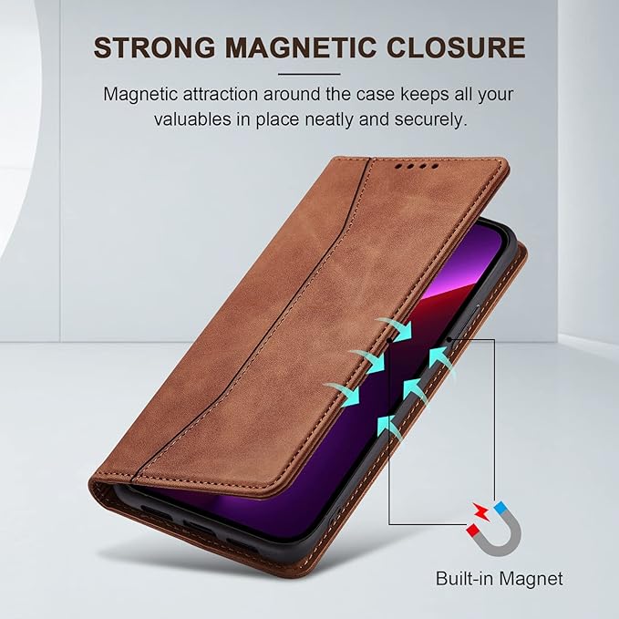 Jasonyu Flip Wallet Case for iPhone 13 Pro Max,Leather Magnetic Folio Cover with Card Holder,Kickstand - TPU Shockproof Durable Protective Phone Case,Brown