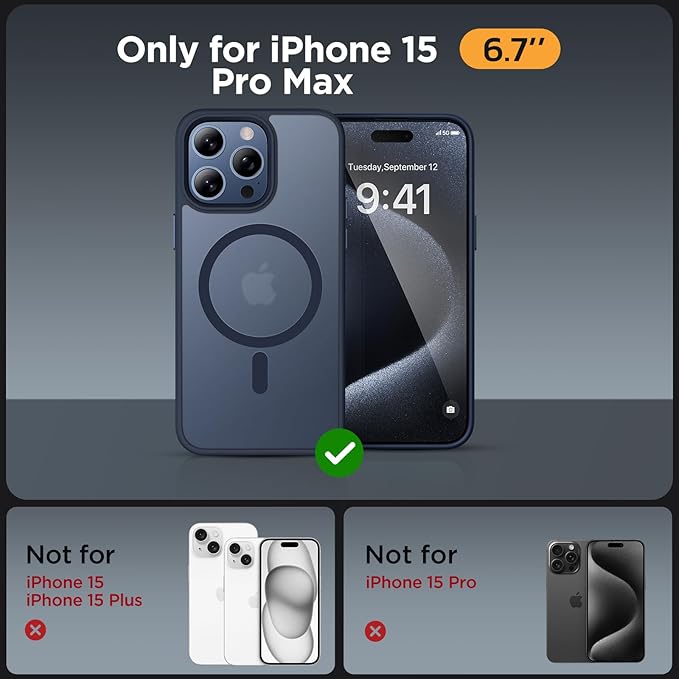 Miracase Magnetic for iPhone 15 Pro Max Case 6.7 inch (Compatible with MagSafe)（with 2X Screen Protectors） Military-Grade Protection, Anti-Fingerprint Translucent Matte Phone Cover, Dark Blue