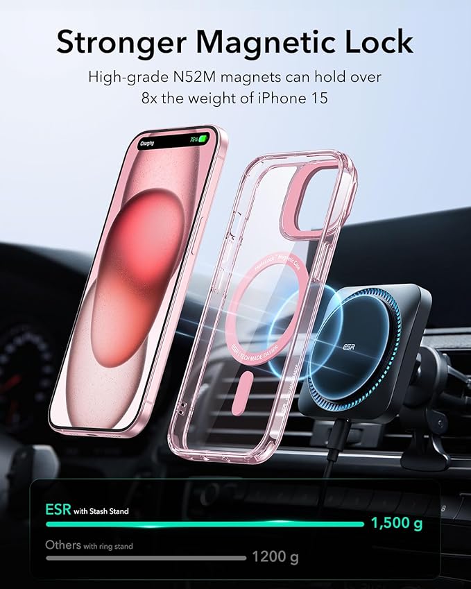 ESR for iPhone 15 Case, Compatible with, Military-Grade Protective Case, Built-in Stash Stand Phone Case, Scratch-Resistant Back Cover, Classic Series, Clear Pink