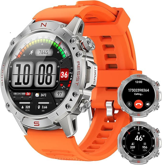 WalkerFit Military Rugged Smart Watch for Men 1.43" AMOLED Smartwatch, Always-on, 3ATM Waterproof for Swim, HR Sleep Monitor, Bluetooth Call Fitness Watch for iPhone Andriod Compatible, Silver Orange