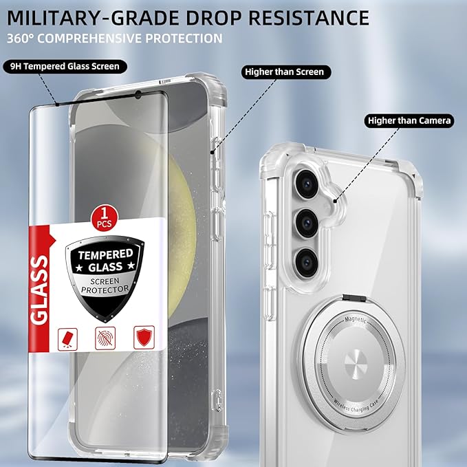 for Samsung Galaxy S24 Plus Case Compatible Wireless Charging Magnetic,with Screen Protector,for S24+Plus Phone Case with 360°Stand Ring Military Grade Shockproof Heavy Duty Protection Clear