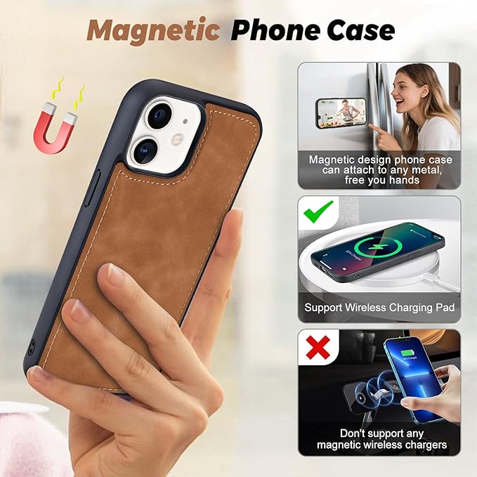 TwoHead for iPhone 12/12 Pro Wallet Case with Card Holder & Detachable Magnetic Phone Case,Leather All-Round Protection Phone Case for Women/Men,6.1IN,Brown