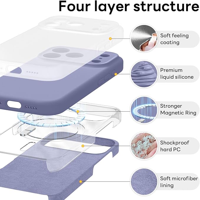 Vooii Magnetic Compatible with iPhone 17 Pro Max Case (Compatible with Magsafe) (Upgraded Camera Protection) Liquid Silicone Shockproof Full Body Protective Phone Cover for Women Men, Lavender Grey