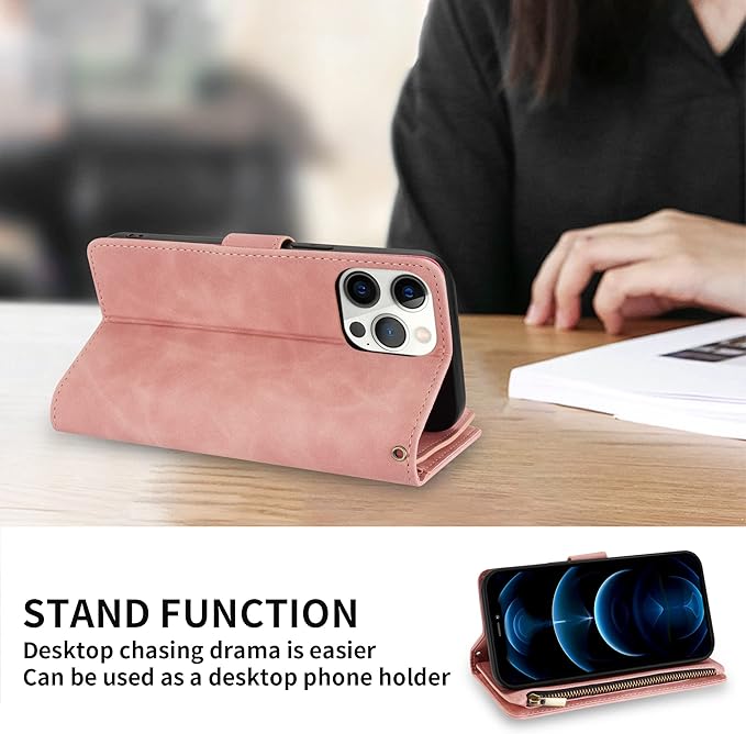 ZZXX for iPhone 12 Pro Max Wallet Case with Card Slot Premium Soft PU Leather Zipper Flip Folio Wallet with Wrist Strap Kickstand Protective Case (Pink, 6.7 inch)