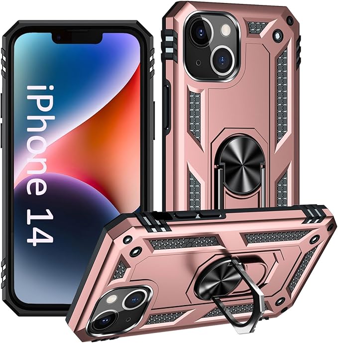 ADDIT Phone Case for iPhone 14 Case,with Kickstand Ring,Adjustable Stand,Military Grade,Heavy Duty Protection,Shockproof,Anti-Fingerprint,Support Magnet Car Mount,Rose Gold