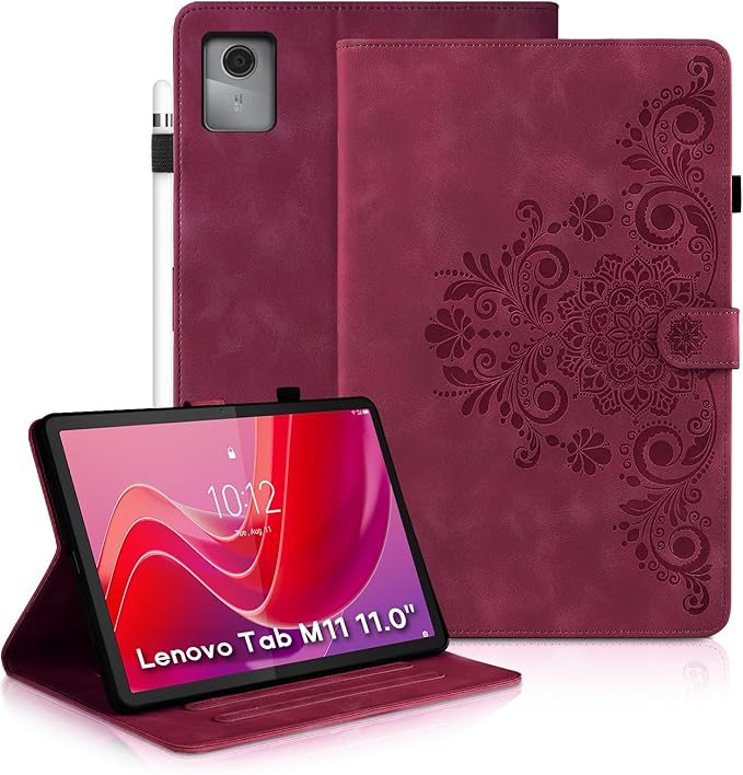 Mantala Funda para for Lenovo Tab M11 2024 11 Inch, Soft Touch Faux Leather with Card Slots and Kickstand, Water-Proof Precise Cutouts Tablet Case Compatible with Lenovo Tab M11 / Tab K11 Wine Red