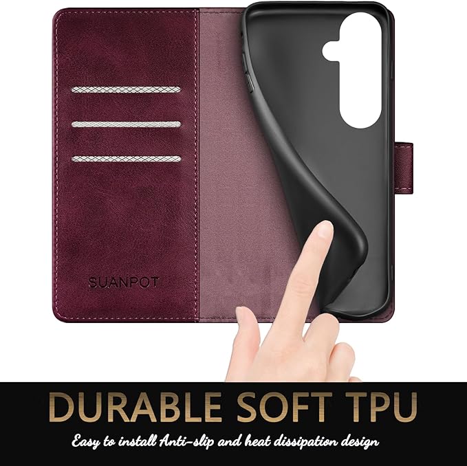 SUANPOT Compatible with Samsung Galaxy S25 FE 5G Wallet case with RFID Blocking Credit Card Holder,Flip Book PU Leather Protective Cover Men Women for Samsung S25 FE case Wine Red