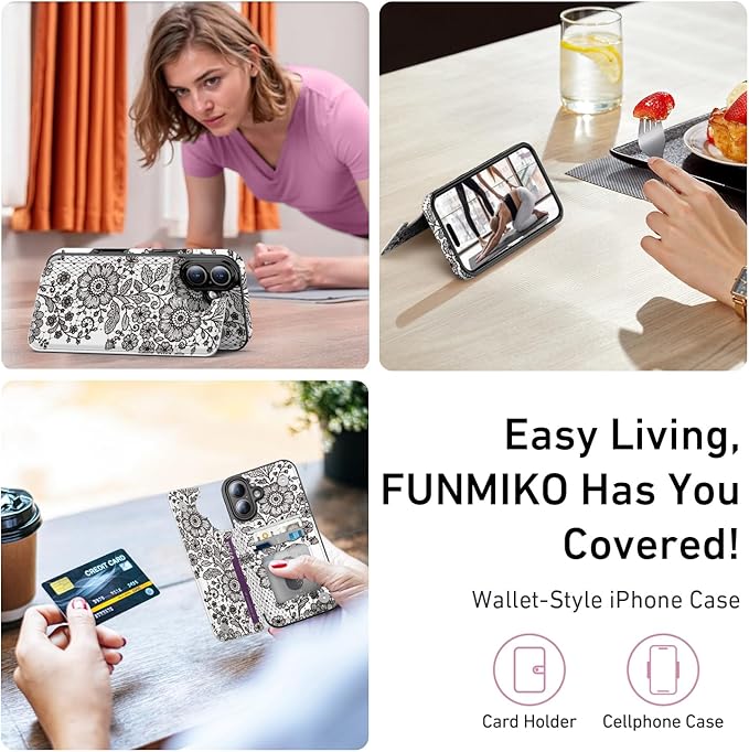 FUNMIKO for iPhone 16 Plus Wallet Case with Card Holder, RFID-Blocking, Military-Grade Protection & UV-Printed Artwork, Magnetic Closure with Leather Kickstand - Graceful Lace Floral