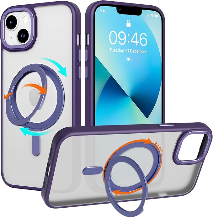 ZIYE Magnetic Case for iPhone 13 Case with Stand [Compatible with MagSafe] Slim Shockproof Military Grade Heavy Duty Cover with 360 Rotatable Ring Kickstand for Women Men, Translucent Purple