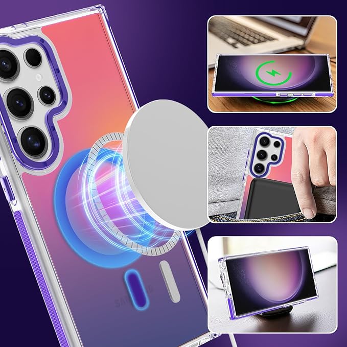 MOWIME Magnetic Case for Samsung Galaxy S23 Ultra [Compatible with Magsafe] [Cute Fashion Fluorescent Design] [1 Screen Protector] Slim Translucent Matte Case for Galaxy S23 Ultra 6.8", Purple
