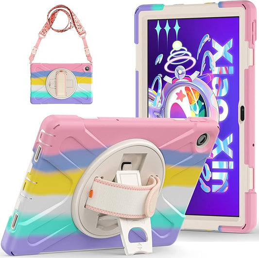 TSQQST Case for Lenovo Tab M10 Plus 3rd Gen 10.6 Inch 2022 Model TB-125F/TB-128F，Shockproof Protective Case w/ 360 Rotating Stand Hand Strap, Colorful Pink