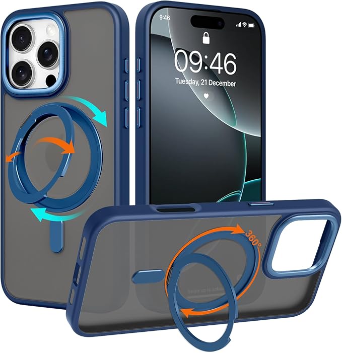 ZIYE Magnetic Case for iPhone 16 Pro Case with Stand [Compatible with MagSafe] Slim Shockproof Military Grade Heavy Duty Cover with 360 Rotatable Ring Kickstand for Women Men, Translucent Blue
