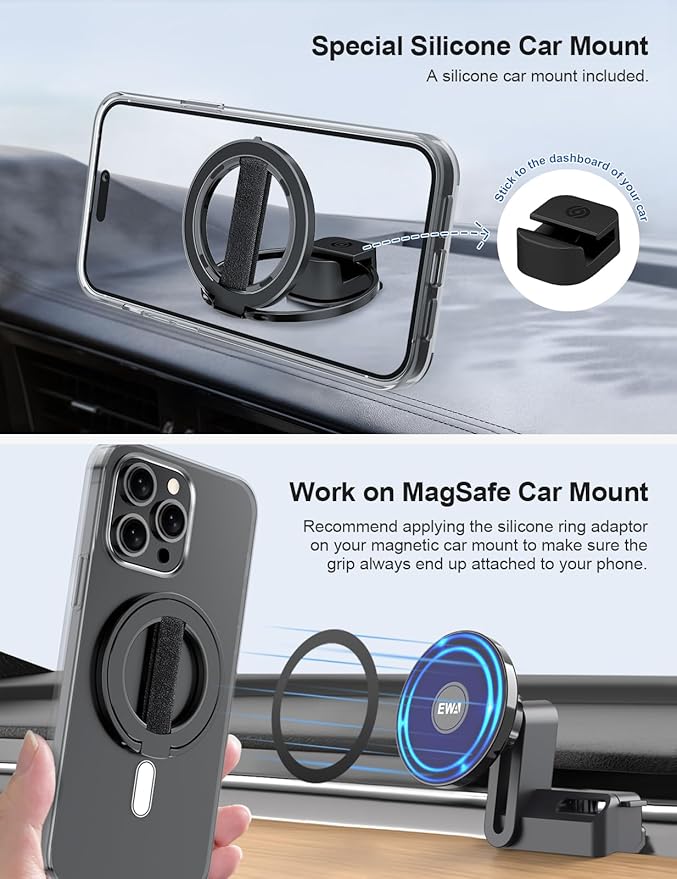 EWA MagOne Ultra for Magsafe Phone Grip Kickstand [Replaceable Elastic Finger Loop], Mag Safe Ring Holder Stand, Two-Sided Magnetic Phone Accessories for iPhone 17,16,15,14,13,12 Pro/Max/Plus-Black