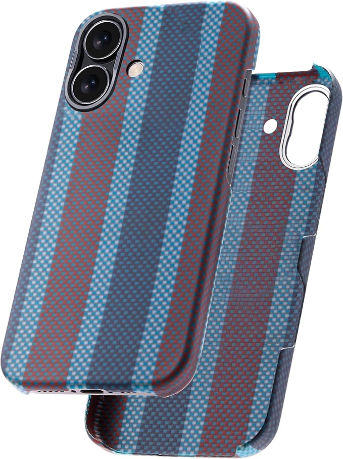 Aramid Fiber for iPhone 16 Case,Compatible with Magnet,Slim & Light Case for iPhone 16, Case-Less Touch Feeling, Red-Blue Stripes