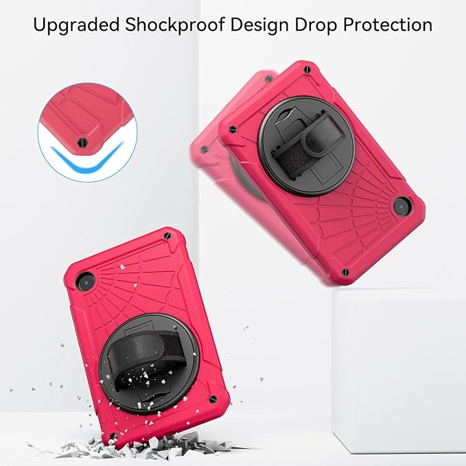 Case for Samsung Galaxy Tab A9 8.7 Inch 2023, 360° Rotating Stand, Hand Strap&Shoulder Strap Case for Samsung A9 Tablet(SM-X110/X115/X117) (Rose Red)