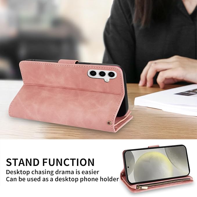 ZZXX for Samsung Galaxy S24 Wallet Case with RFID Blocking Card Slot PU Leather Zipper Flip Folio with Strap Kickstand Protective Cover for Samsung Galaxy S24 Case Wallet(Pink-6.2 inch)