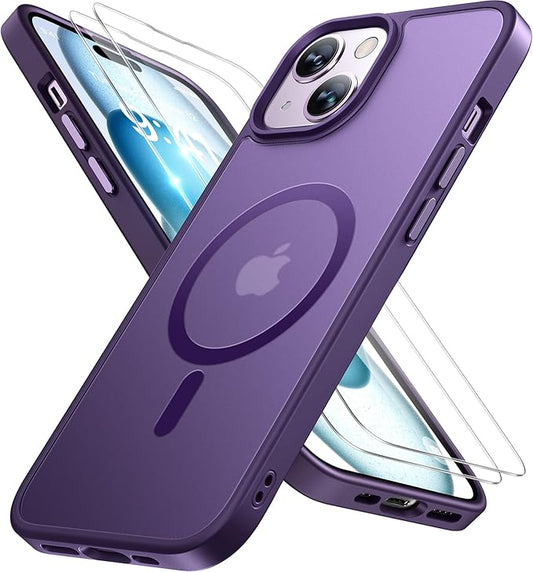 Miracase Magnetic for iPhone 15 Case (Compatible with MagSafe)（with 2X Screen Protectors） Military-Grade Protection, Anti-Fingerprint Translucent Matte Phone Cover for iPhone 15 6.1 inch, Dark Purple
