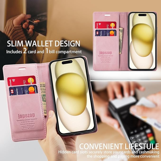 japezop iPhone 15 5G Wallet Case with [RFID Blocking],Card Holder Kickstand Magnetic,Leather Flip Case Wallet for iPhone 15 5G 6.1 Inch(Pink)