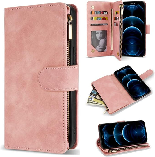 ZZXX for iPhone 12 Pro Max Wallet Case with Card Slot Premium Soft PU Leather Zipper Flip Folio Wallet with Wrist Strap Kickstand Protective Case (Pink, 6.7 inch)