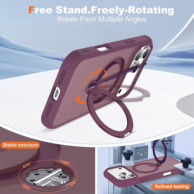 Compatible with iPhone 17 Pro Case with Invisible Magnetic 360°Spin Stand,Military-Grade Shockproof Protection [Compatible with Mag-Safe] Non-Slip Edge Translucent Case (6.3",Wine Red)