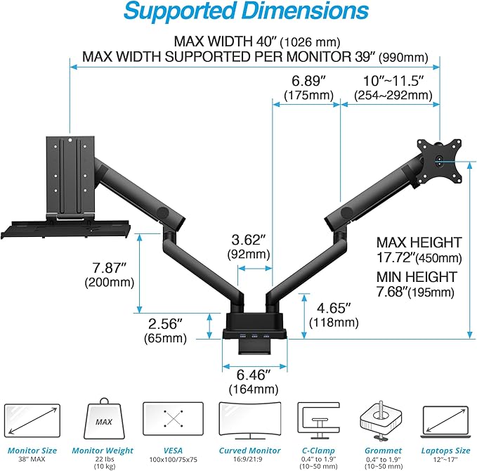 AVLT Dual 17”-38" Monitor Arm Desk Mount with 17" Laptop Tray and USB-C Docking Station, HDMI 4K60Hz, USB-A 5Gbps, Ethernet, 100W PD, Fits Two Flat/Curved Monitor - Black