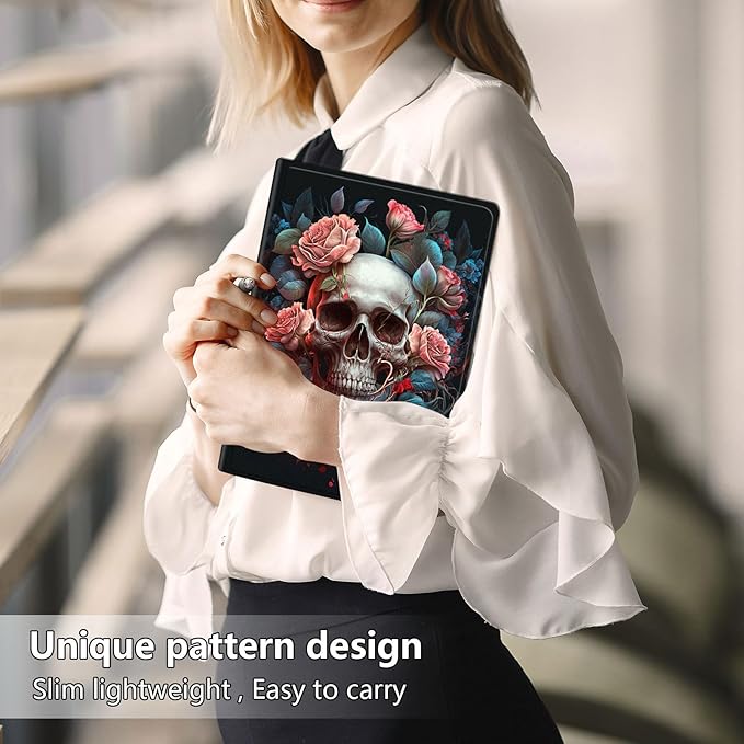 Slim Case for Samsung Galaxy Tab S10 FE / S9 FE 5G 10.9" & Tab S9 11", PU Leather Protective Cover, Multi-Angle Stand, Auto Sleep/Wake, Flowers and Skulls