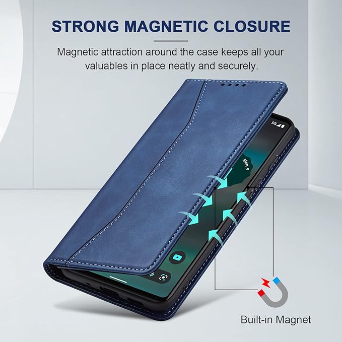 Jasonyu Flip Wallet Case for Google Pixel 6A 5G,Leather Magnetic Folio Cover with Card Holder,Kickstand - TPU Shockproof Durable Protective Phone Case,Blue