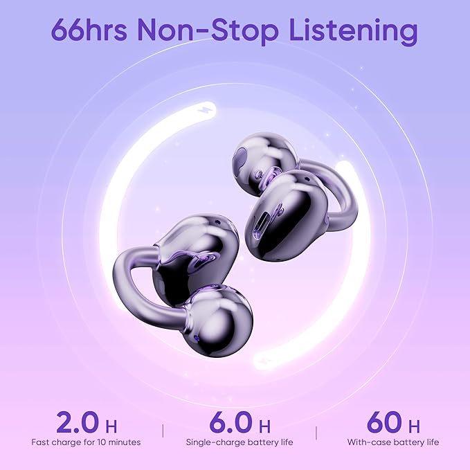Clip on Earbuds Open Ear Earbuds Wireless Headphones with Mic,66H Play Bluetooth 5.4 Bone Conduction Headphones,Noise Cancelling,IPX5 Waterproof,Secure Fit for Small Ears, Sports&Workout,Purple