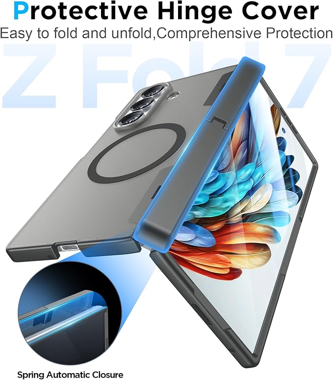 Temdan Magnetic for Samsung Galaxy Z Fold 7 Case,[Compatible with MagSafe][Built-in HD Screen Protector&Invisible Kickstand][Hinge Protection]Translucent Matte Shockproof Phone Case for Z Fold 7,Gray
