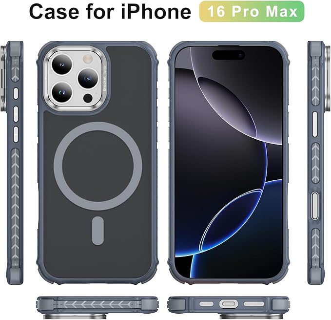 Magnetic for iPhone 16 Pro Max Case Gray with MagSafe Wireless Charging Heavy Duty Military-Grade Shockproof Protection Adjustable Kickstand Slim Matte Anti-Fingerprint Cover Men Women