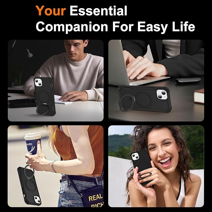 Compatible with iPhone 14 Plus Case & iPhone 15 Plus Case with Invisible Magnetic Ring Stand [Compatible with Magnetic] [Military Drop Protection] Shockproof Slim Cover 6.7 Inch, Black