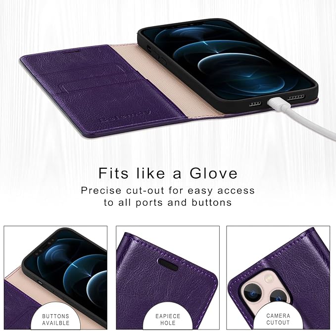 Belemay Compatible with iPhone 14 Plus Wallet Case-Genuine Leather Flip Phone Case-RFID Blocking Card Holder-Shockproof TPU Shell Folio Cover Women Men Compatible with iPhone 14 Plus (6.7-inch) Purple